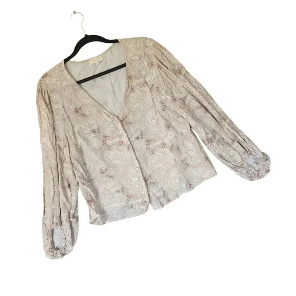 NafNaf Paris Top Blouse Women's Medium Gray & Cream Paisley Floral V-Neck - Picture 5 of 5